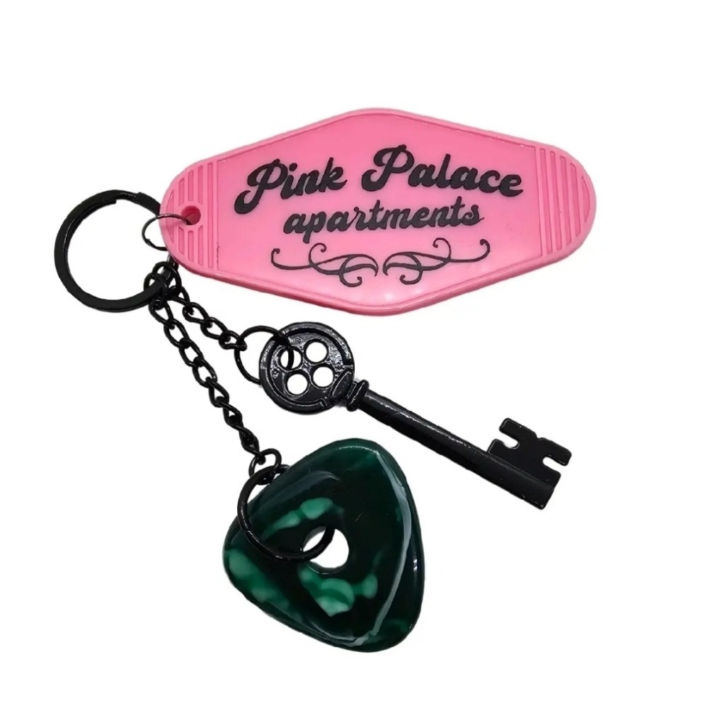 Coraline Inspired Keychain! Keys to the Pink Palace Apartments w/ Skelet…